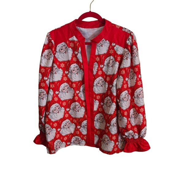 Unique Christmas Santa Balloon Sleeve V Neck Collarless Blouse Size XL - Picture 1 of 6